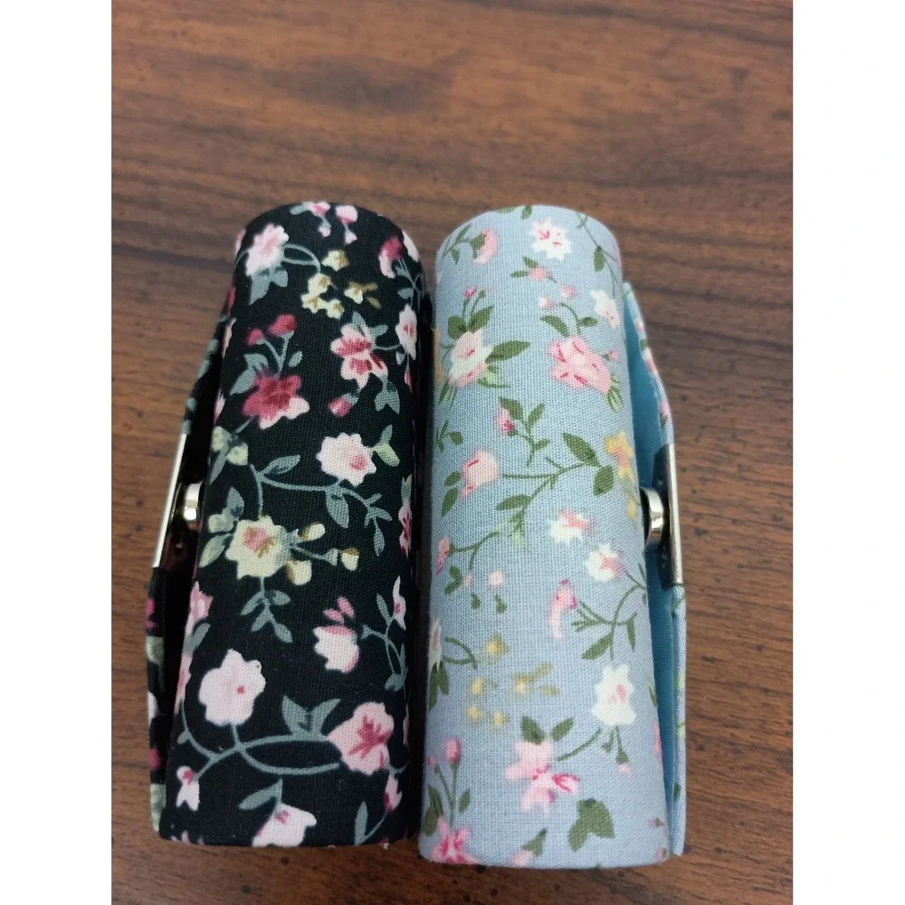Blue black floral snap chapstick lipstick cosmetic case with mirror